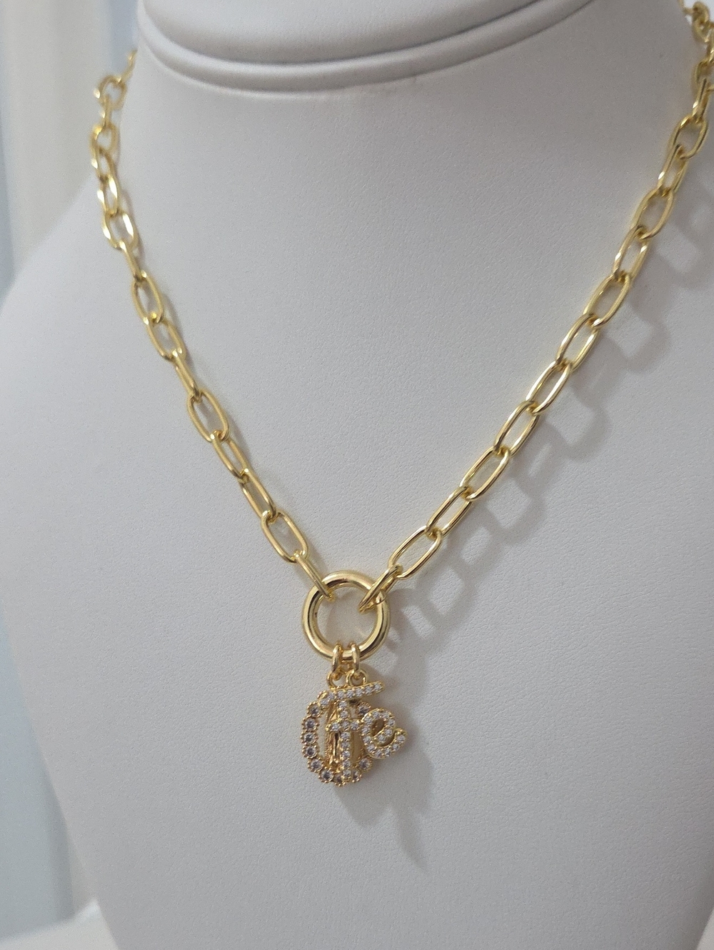 Stainless Steel Gold-Tone Chain Necklace with CZ Fe and Virgen Charm